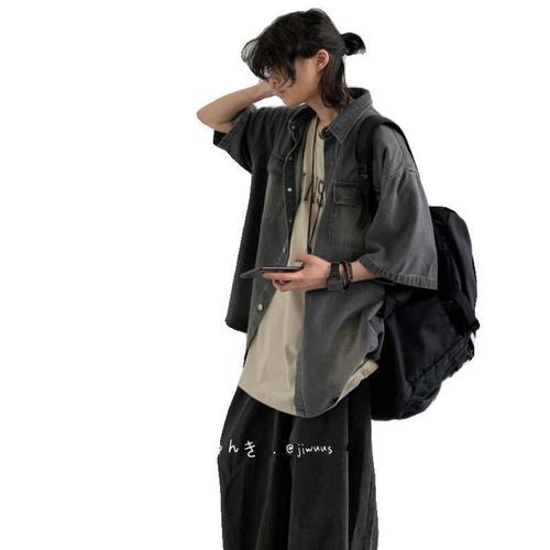Summer Japanese Washed Distressed Pocket Short-Sleeve Denim Shirt for Men and Women, Trendy Retro Workwear Blouse Jacket