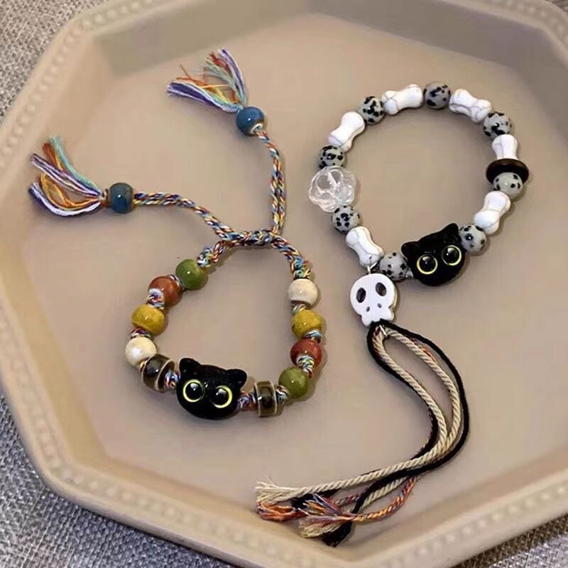 Skull Cat Woven Rope Bracelet for Men and Women Niche Design Sweet and Cool Chinese Style Tassel Color Bracelet