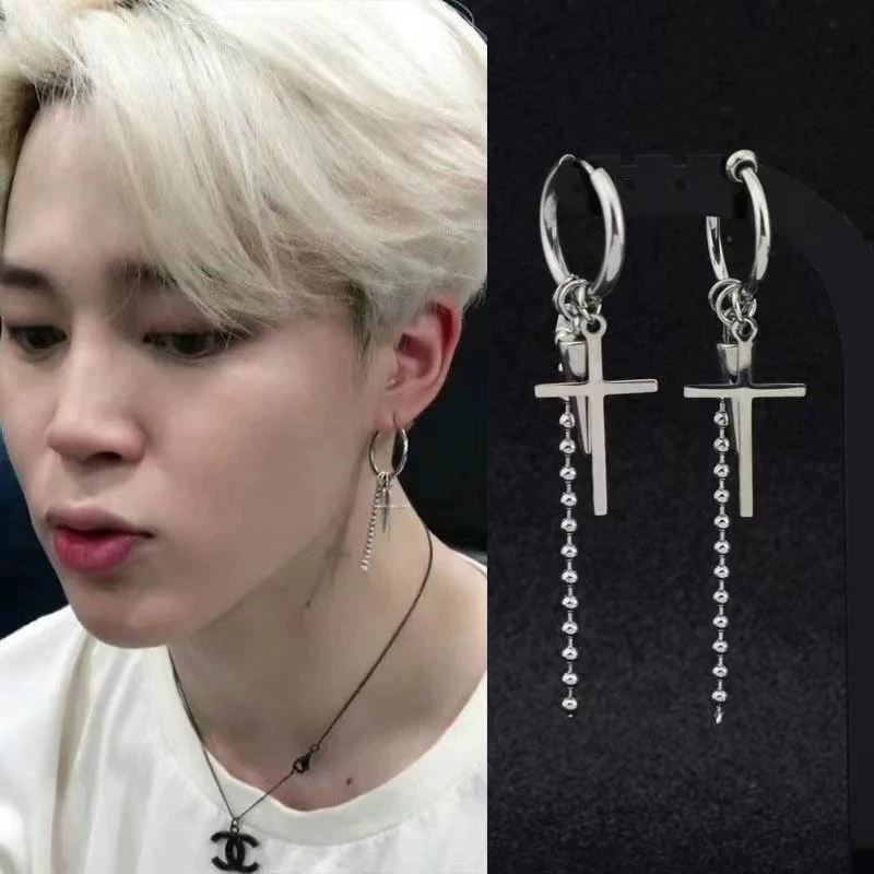 Крупные сережки BTS молодежной группы, одно и то же крестовая полка цепь серьги, серьги для мальчиков, кольца сережек с цветами, нейтральные серьги
