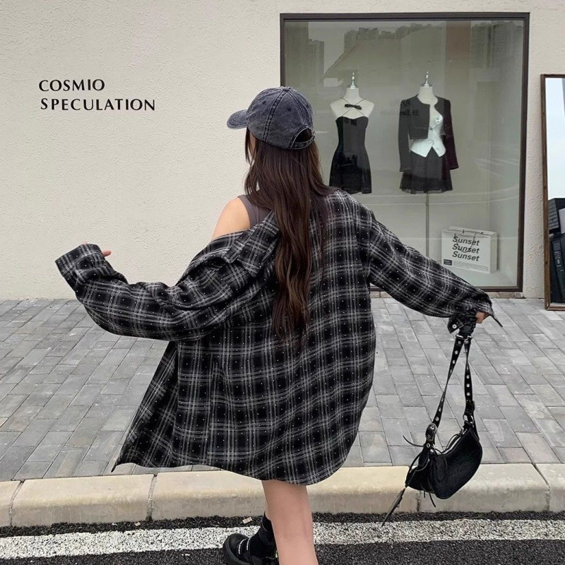 Plaid Shirt Jacket Summer 2024 New Women's Fashion Heavy Industry Hot Drilling Loose Casual Long Sleeve Cardigan Top