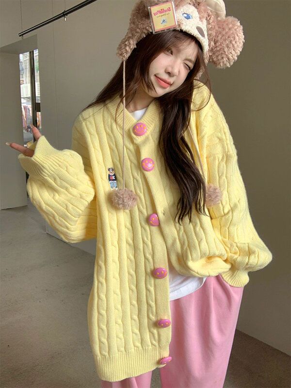 Sweet Age-Reducing Smiling Face Twist Embroidered Sweater for Women Autumn and Winter New Loose Lazy Style Long-Sleeved Cardigan Sweater for Women