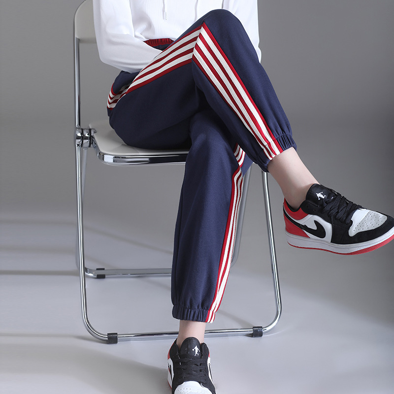 2197 Three-Stripe Sports Pants for Women, Autumn 2026 New Style, Loose Fit, Plus Size, Jogger Pants with Cuffed Hem