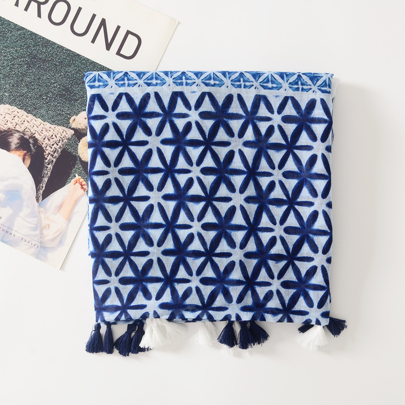 Azul dulce fresco impreso algodón y lino sensación bufanda de seda viajes protección solar decorativa toalla playa al aire libre aire acondicionado chal