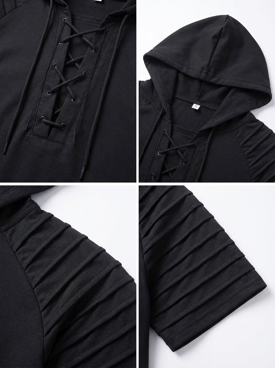 Men's Hooded Polo Shirt With Drawstring And Pleated Sleeves_voghion.com