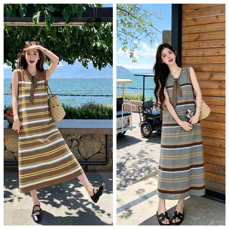 Real Photos Now Available~ Maternity Wear 2026 Summer New Style Artistic Design Knitted Ice Silk Striped Ribbon Dress