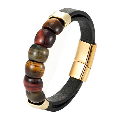 Cross-border fashion men's stainless steel multi-layer leather bracelet tiger's eye stone bead bracelet direct from the workshop wholesale