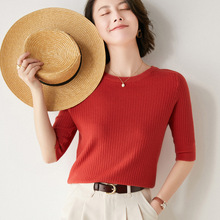 22春夏跨境女士針織短袖韓版圓領套頭五分袖T恤外搭上衣一件代發