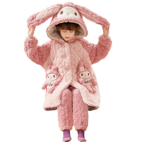 Children's Winter Coral Fleece Triple Layer Padded Thermal Set Baby Girl Sleepwear Home Suit