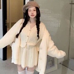 学院风减龄针织套装复古时髦麻花开衫上衣纯欲百褶半身裙两件套女
