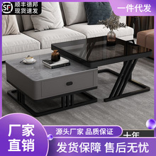 轻奢茶几意式客厅家用玻璃岩板网红桌子现代简约小户型方形茶几