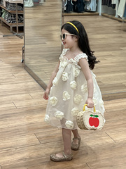 韓版女童夏季甜美高級感立體花朵吊帶裙連衣裙公主裙禮服