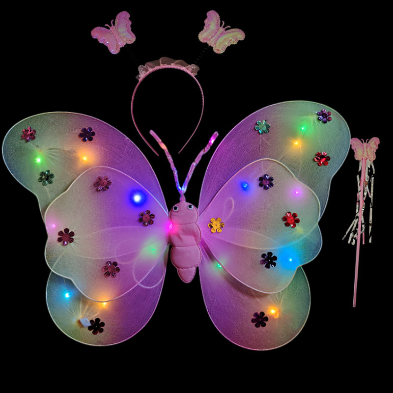 Mariposa luminosa alas de niña espalda juguetes flash niños maravillosos hadas varitas mágicas hadas flores set de tres piezas