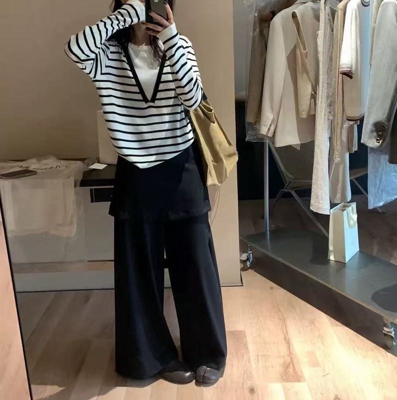 韩系设计感V领撞色假两件长袖针织衫女装秋冬慵懒风内搭打底上衣|undefined