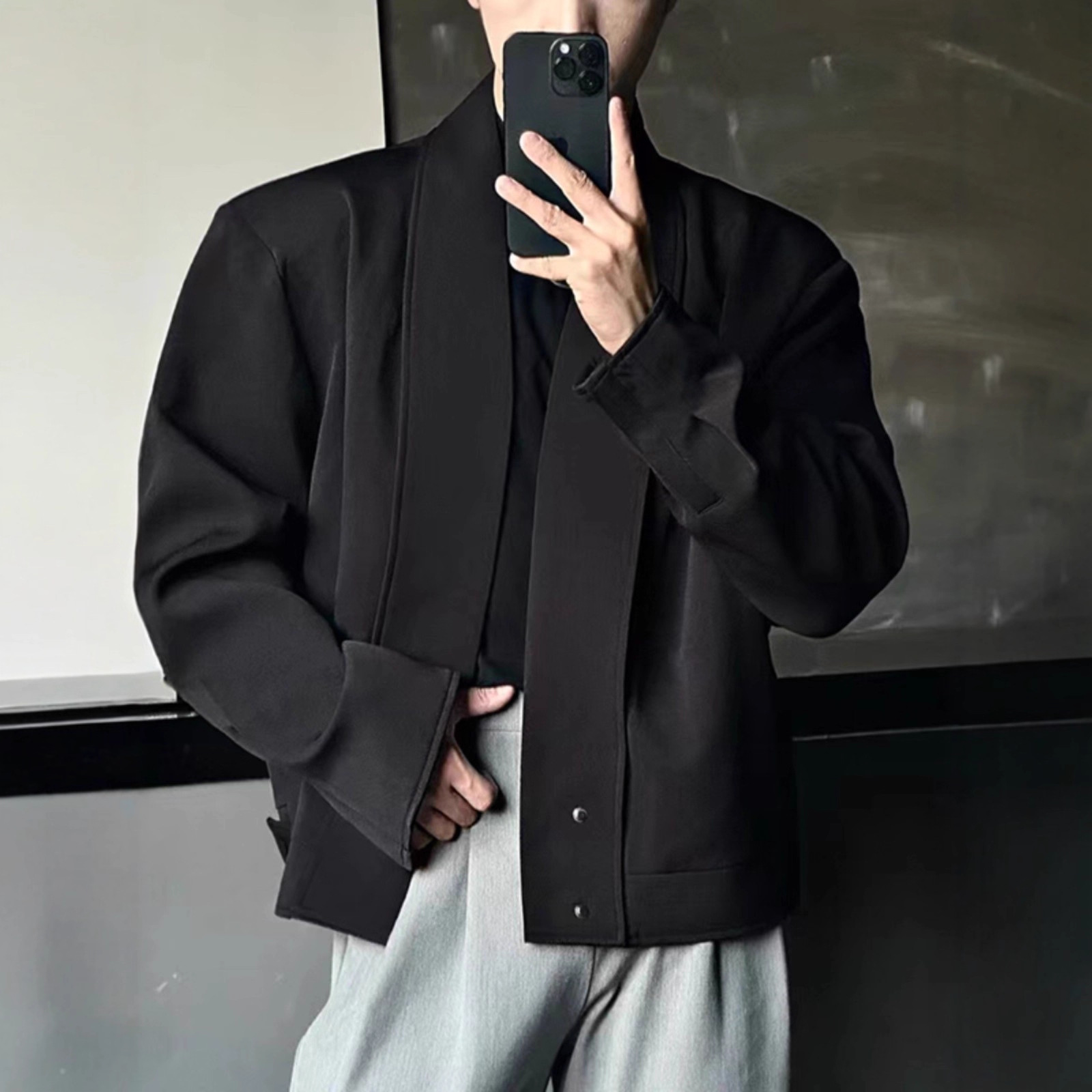 黑色短款西服夹克男款美式无领高级感男模痞帅风垫肩外套