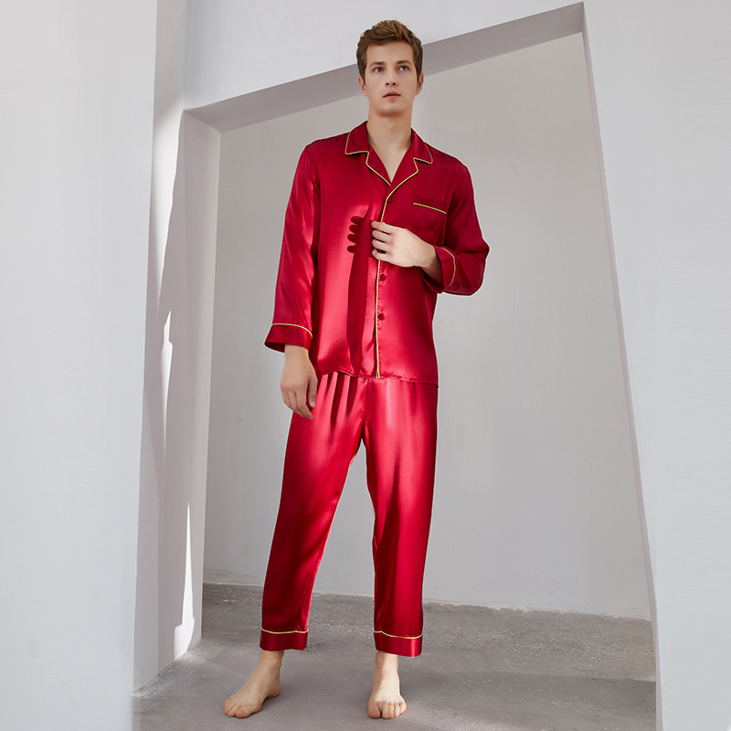 19 Mmi Heavy Silk Pajamas Men's 100 Mulberry Silk Long Sleeve Pants Suit Couples Comfortable Home Clothes