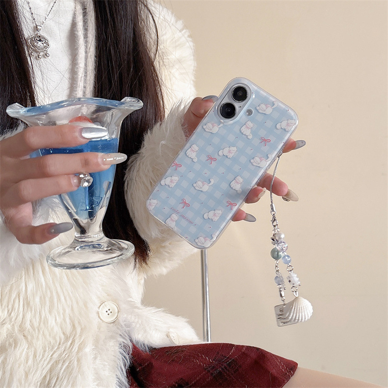 Pequeño gato con lazo a cuadros azul fresco para iphone16ProMax Apple 15 funda para teléfono móvil 14 femenino 13 nuevo