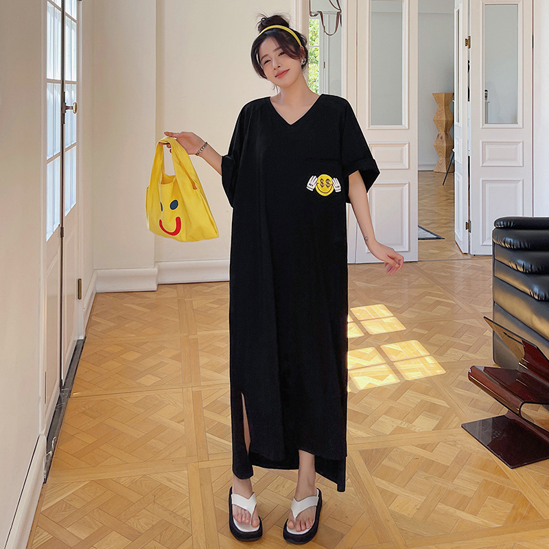 2024 spring and summer new/plus size extended double yarn smooth cotton pocket V-neck short sleeve dress