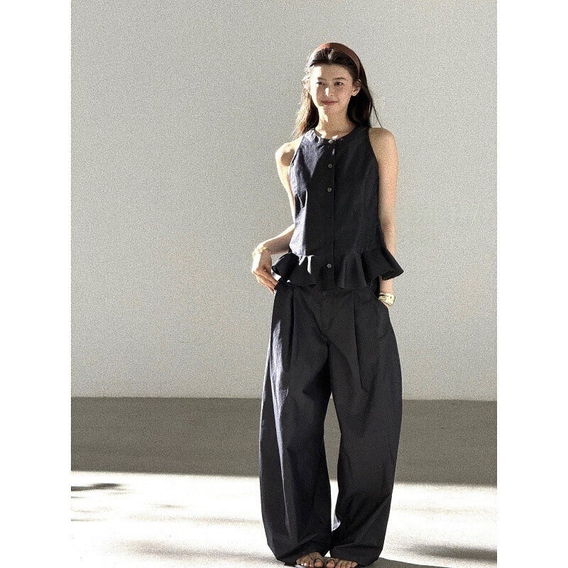 Heygirl Black Girl Style Outfit Ruffled Sleeveless Shirt Vest Top Wide-Leg Pants Set