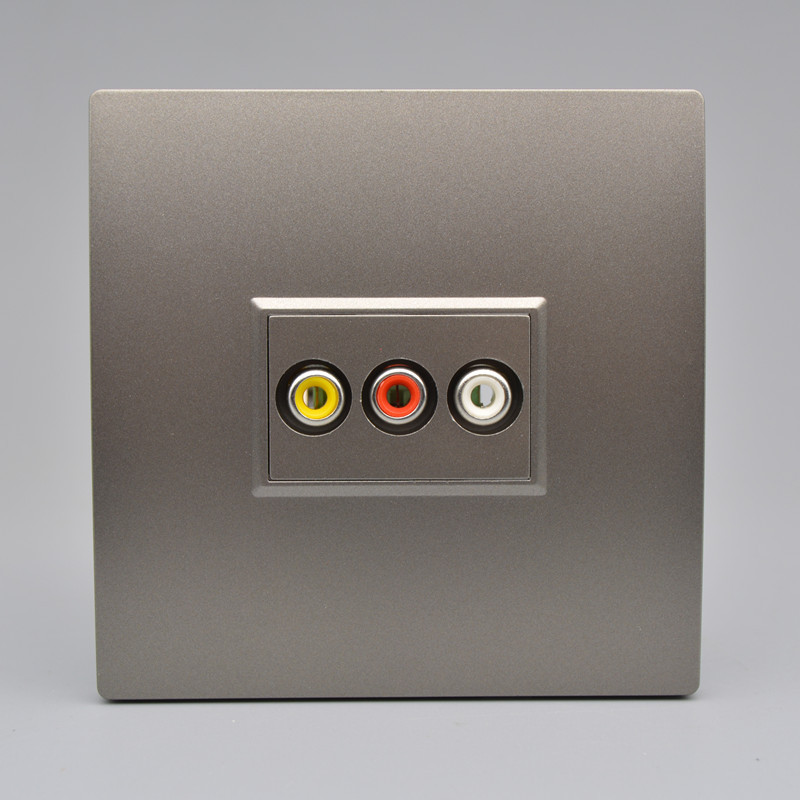 深灰色AV三莲花音视频插座面板86型红黄白RCA三孔AV口墙壁面板插