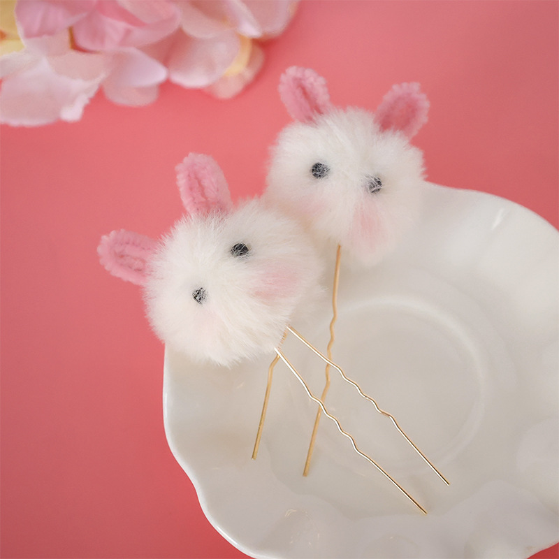 Han clothing autumn and winter super cute fur ball rabbit rabbit hair pin hair ball headdress children's cute accessories all-match antique hairpin