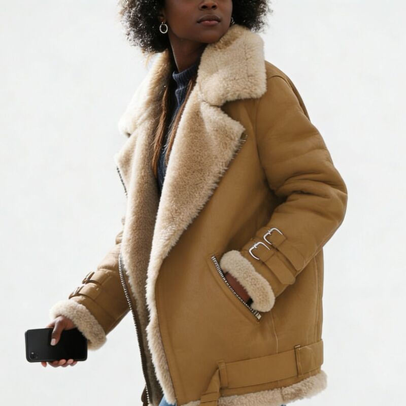 2024 Motorcycle Suede Lambswool Outwear Women's Lapel Fur Outwear Outwear Autumn and Winter Women's Outwear