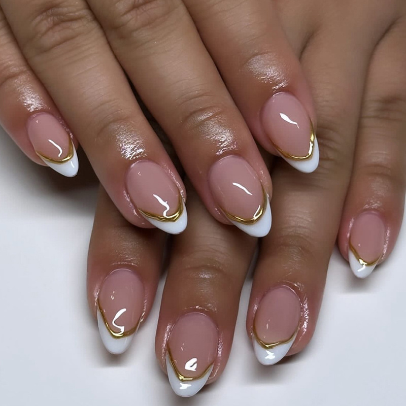 Casual French White Fake Nails Manicure 3D Gold Stripes Wearable Nails Cross-Border Export Removable Nail Polish Finished Product