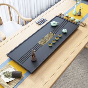 Black Gold Stone Tea Tray for Home Use, Stone Tea Table with Embedded Tea Set, Kung Fu Tea, Sea Long Square Round Integrated Drainage