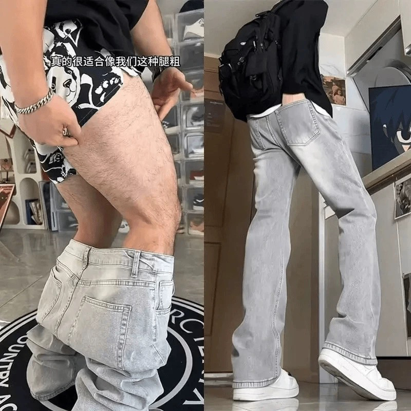 Smoke Gray Scimitar Jeans for Fat Boys with Thick Legs and Big Buttocks, Slim Fit Pants, American High Street Micro-Flared Pants