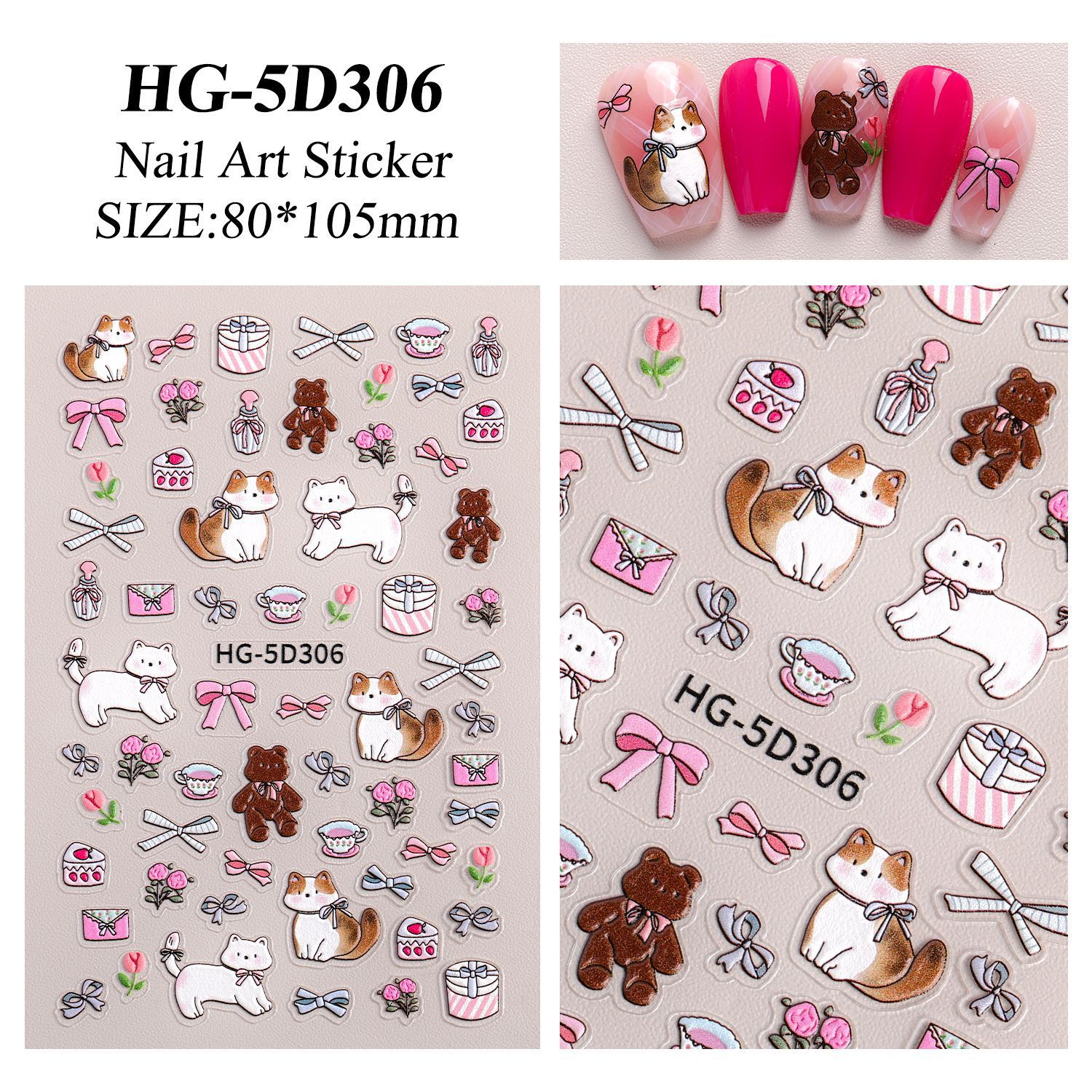 Ins cute perro pegatinas de uñas joyas en relieve japonés adorable gato DIY patrón pegatinas de uñas HG