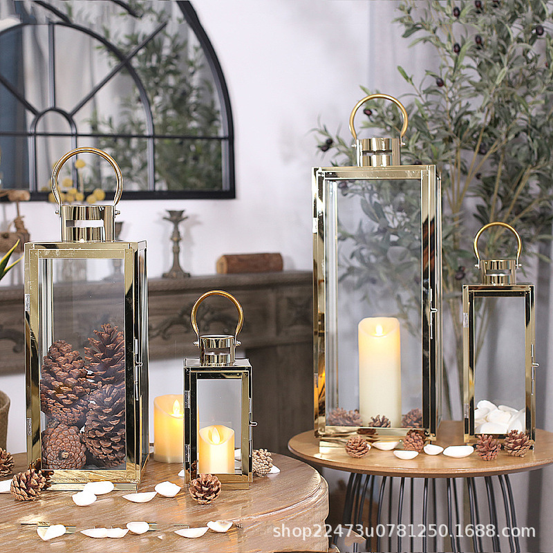 European-style stainless steel glass windproof Candlestick floor wind lamp wedding dining table home decoration Butter Lamp Buddha worship lampshade