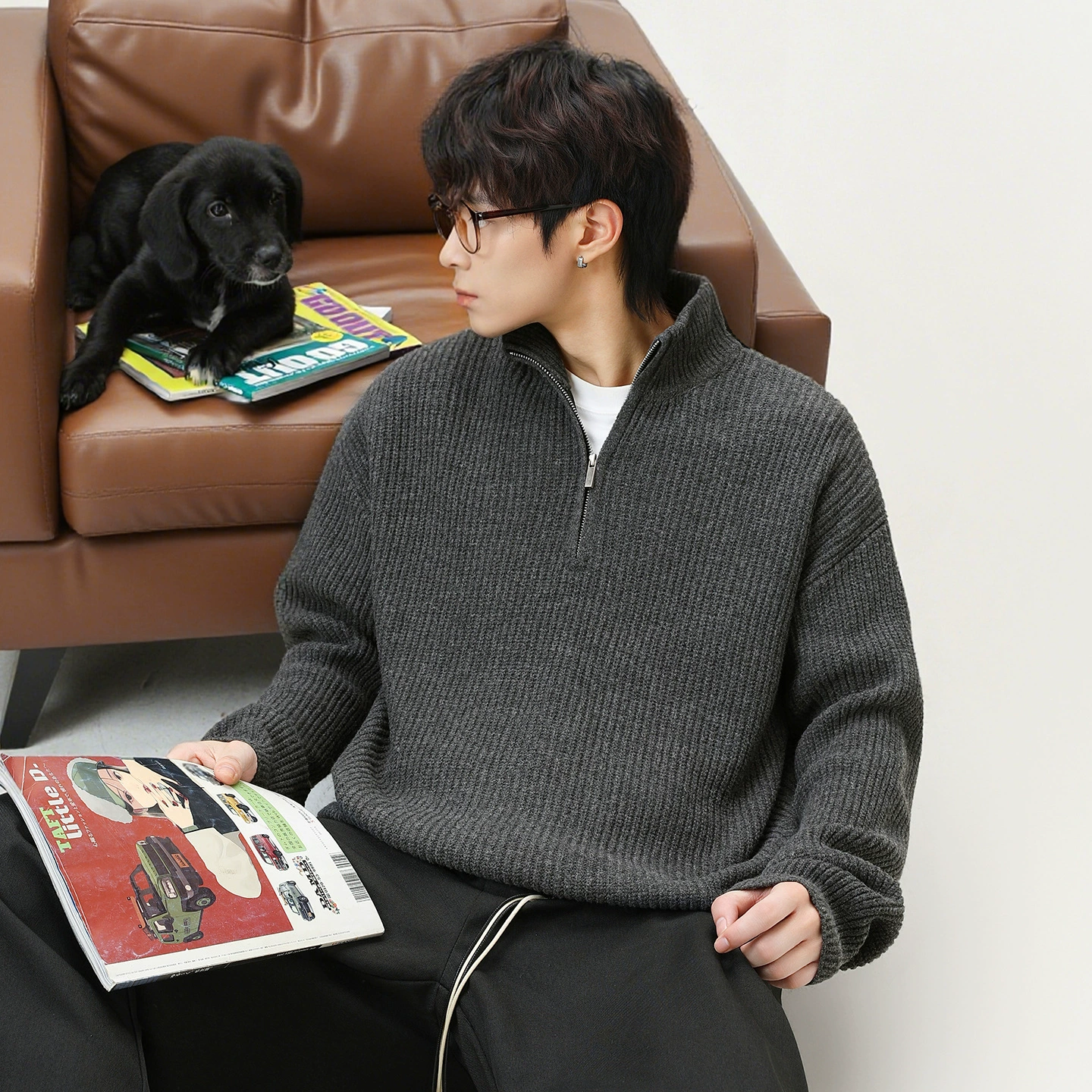 Мужской трикотаж с воротником-стойкой на половинной молнии, осенне-зимний новый стиль, свободная теплая трикотажная куртка с имитацией оленя, плюшевая теплая трикотажная куртка в ленивом стиле