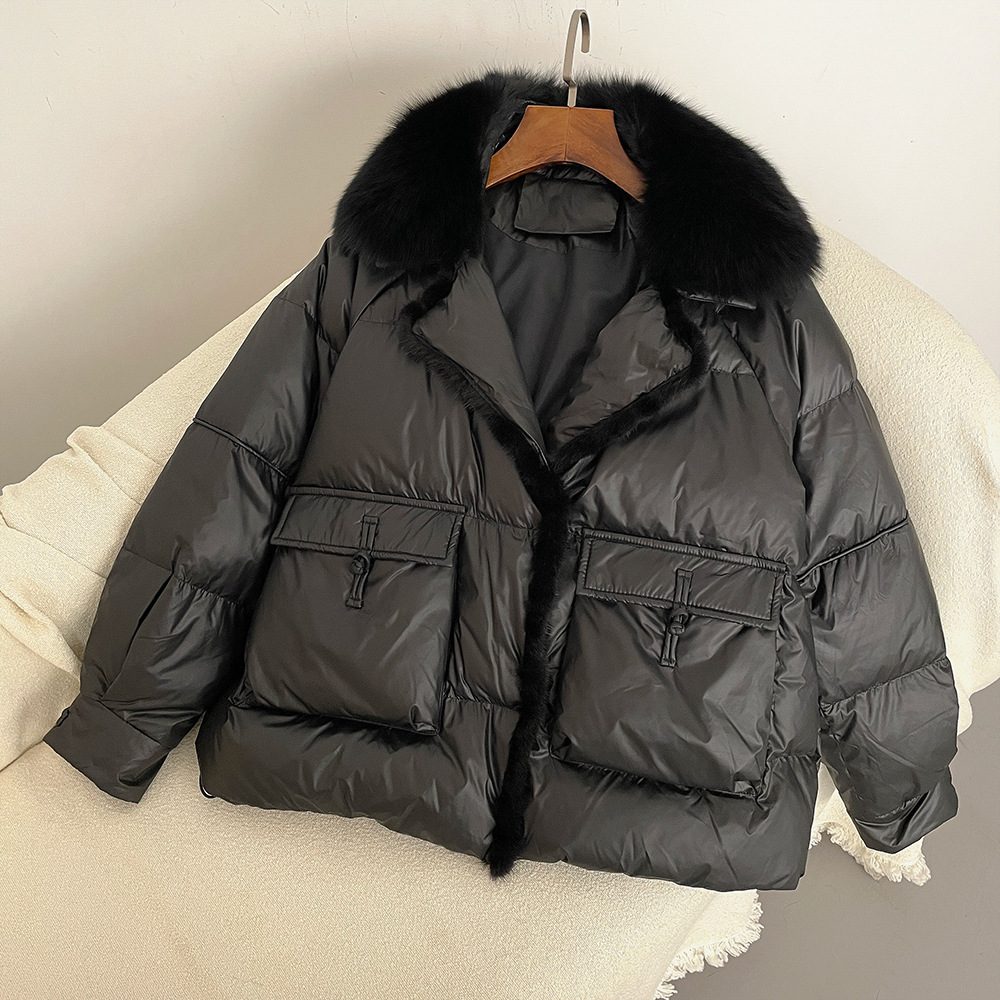 Women's Clothing Real fox fur collar down jacket for women new style spliced mink fur short buttoned white duck down slimming jacket_voghion.com