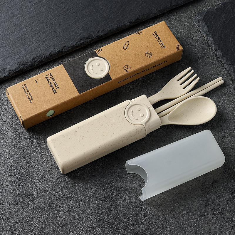 Cuchillo portátil, tenedor y cuchara conjunto de tres piezas de trigo estudiante de viaje palillos, tenedor y cuchara trabajo en caja Smiley vajilla traje logo