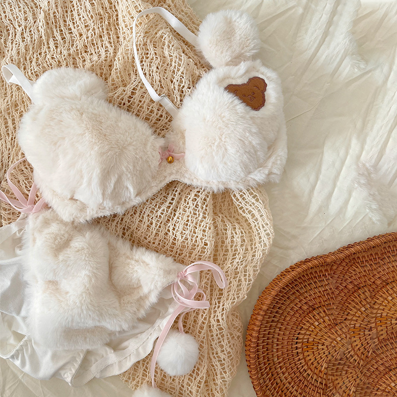 日系少女内衣动漫卡通小熊bar学生毛绒有钢圈蝴蝶结文胸套装冬款