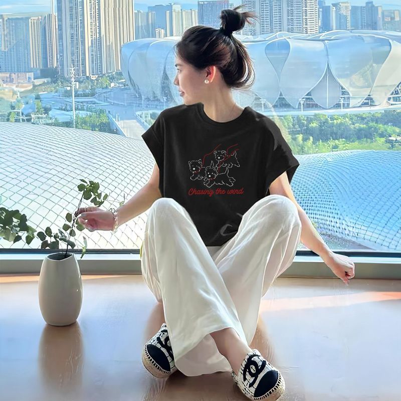 2025夏季宽松蝙蝠袖短袖t恤女美式宽松多巴胺甜酷圆领小飞袖上衣|undefined