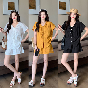 2025 New Summer Clothes for Fat mm Plus Size Women's Casual Loose Slimming Look Ear-Hemmed Short-Sleeved Shorts Suit