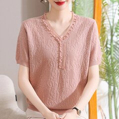 中年のお母さんの半袖の夏服の新型の40歳の50年の中で老年の婦人服の気質の気高いメリヤスの氷の糸のtシャツのシャツ