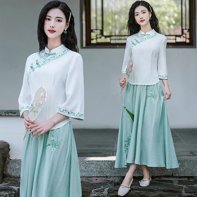 Women tang suit chinese blouse qipao tops Chinese wind restoring ancient ways tea cheongsam Chinese costume embroidery jacket full-skirted dress suit