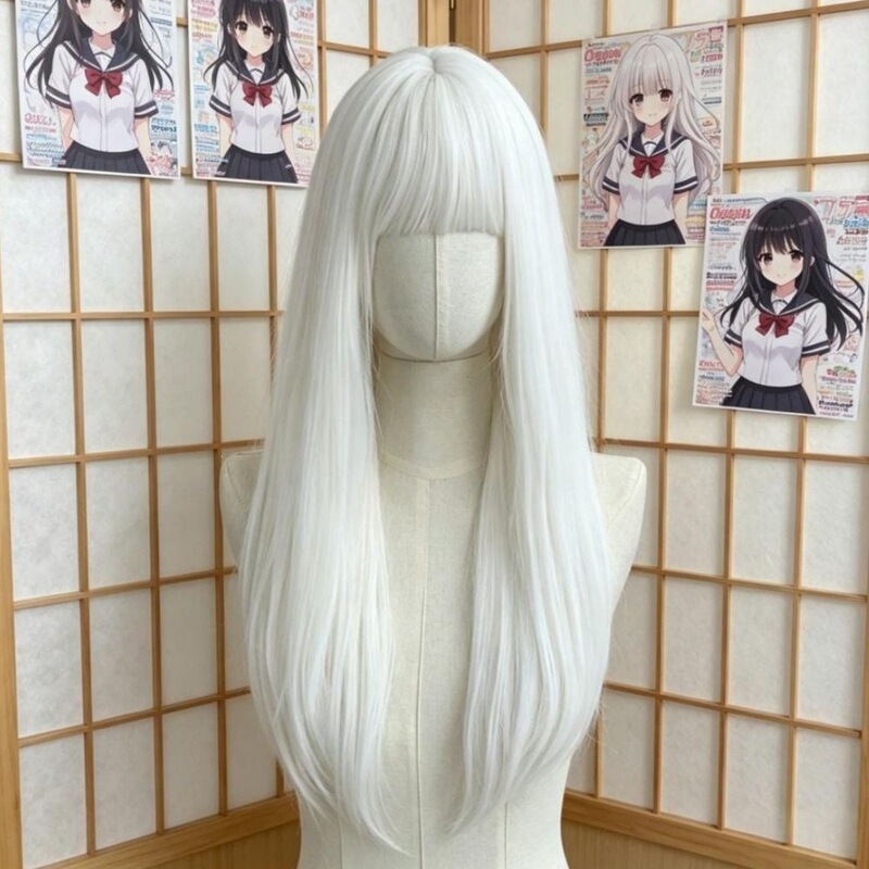 Women's pure white long straight hair wig with bangs, lolita fashion, natural gothic style, full head wig Women's pure white long straight hair wig with bangs, lolita fashion, natural gothic style, full head wig