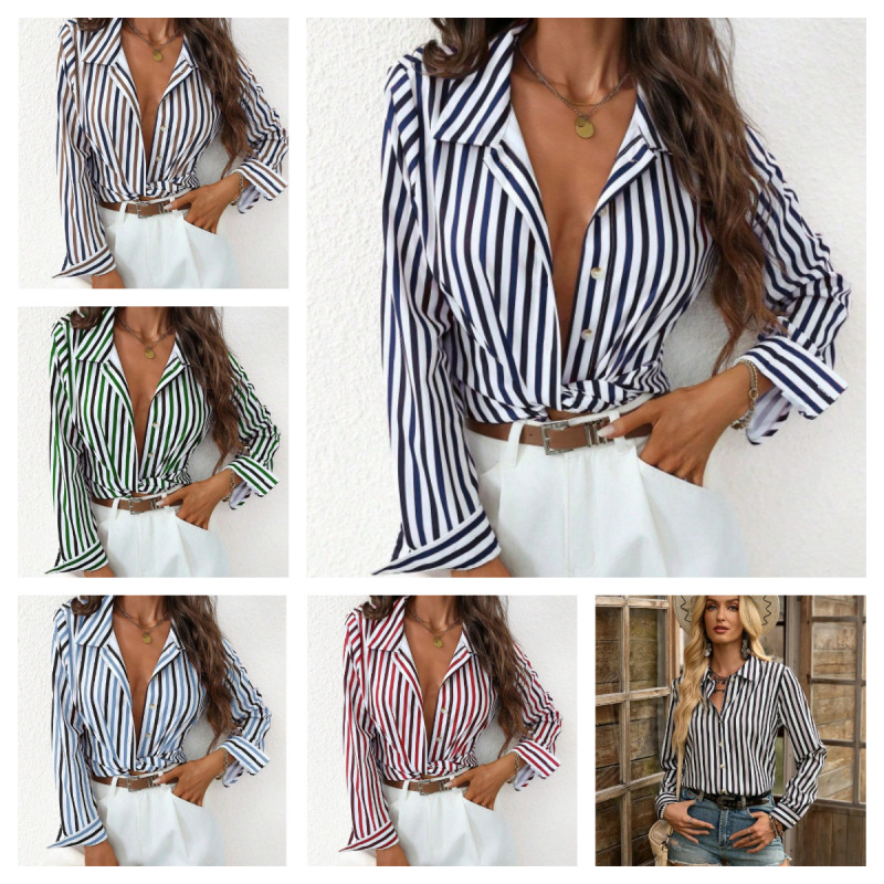 New Foreign Trade Cross-Border Long-Sleeved Striped Shirt, Stylish and Age-Reducing, All-Season Casual and Commuter Women's Clothing
