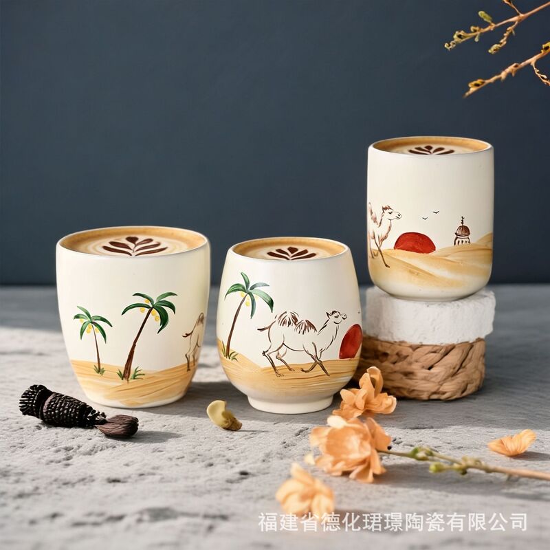 Cross-Border New Product Hand-Painted Middle Eastern Style Arabic Palm Tree Camel Coffee Cup Ceramic Tea Cup Label Printing and Dropshipping Cross-Border New Product Hand-Painted Middle Eastern Style Arabic Palm Tree Camel Coffee Cup Ceramic Tea Cup Label Printing and Dropshipping
