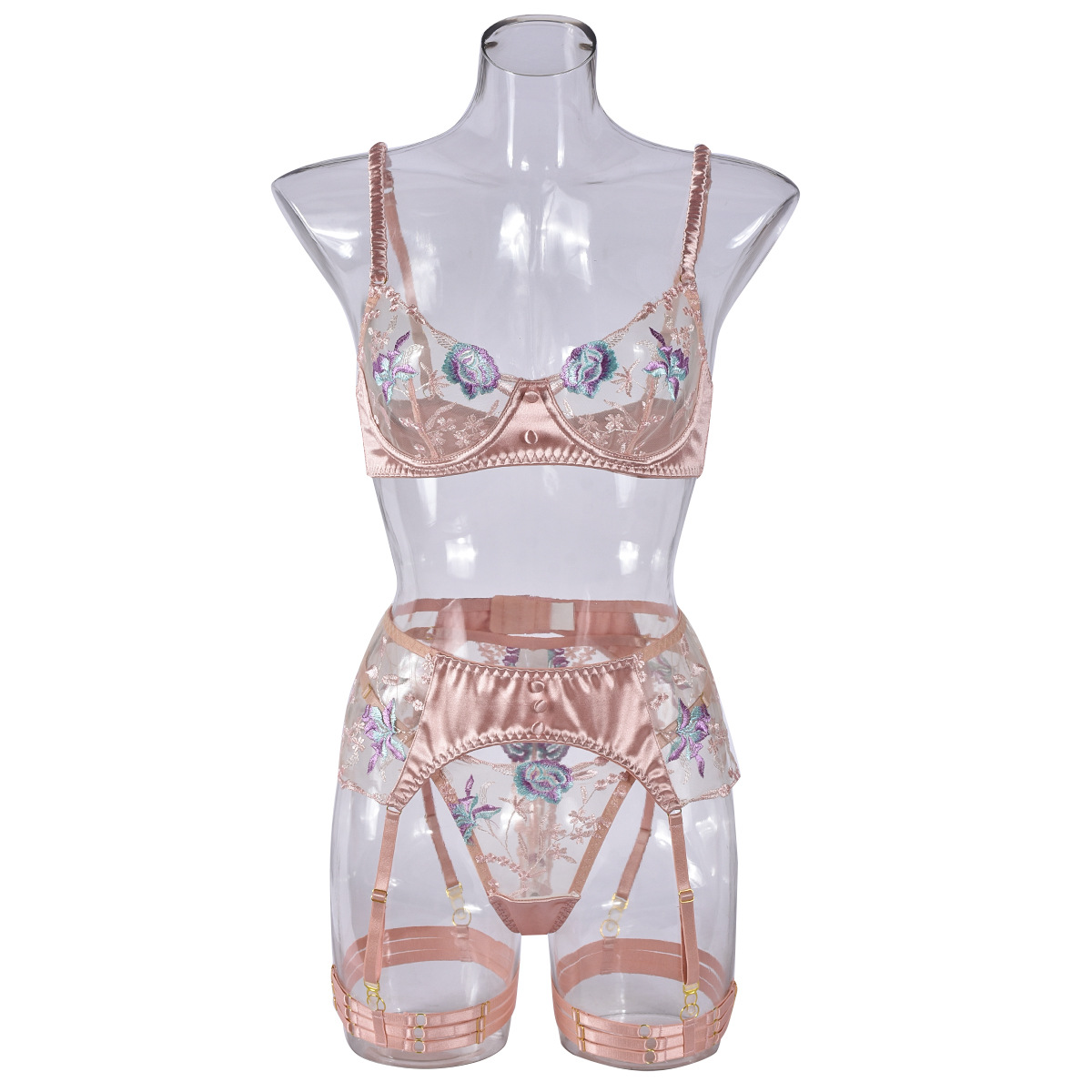 Lencería europea y americana transfronteriza sexy Lencería transparente satén malla bordado sujetador sexy tentación Conjunto de 4 piezas