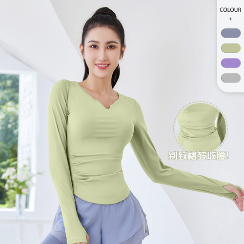 Peach new V-neck long-sleeved sweat-absorbent breathable running sports top waist-cinching three-dimensional slim fitness yoga wear for women