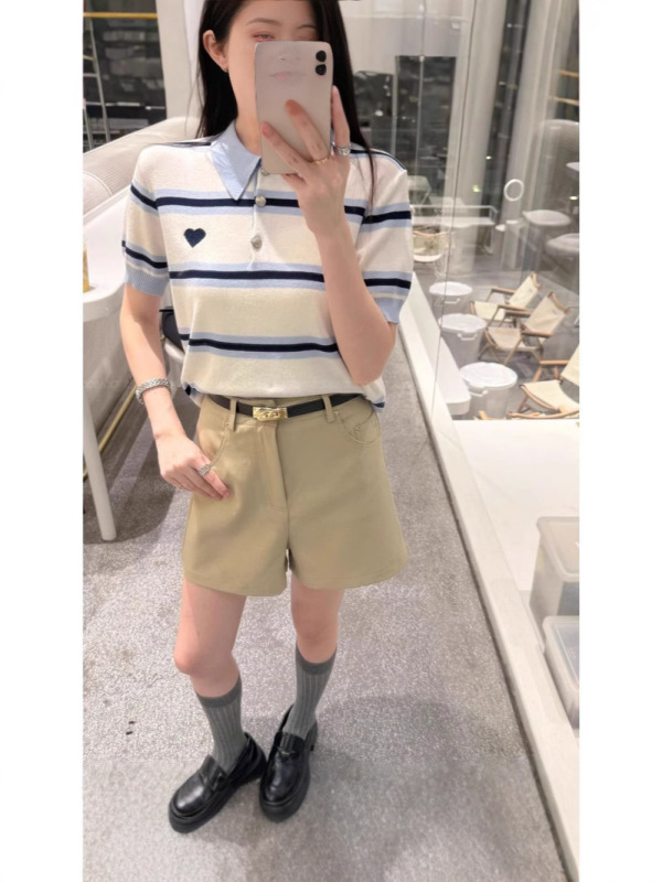夏季新款条纹POLO领撞色针织衫短袖女韩系爱心设计上衣|undefined