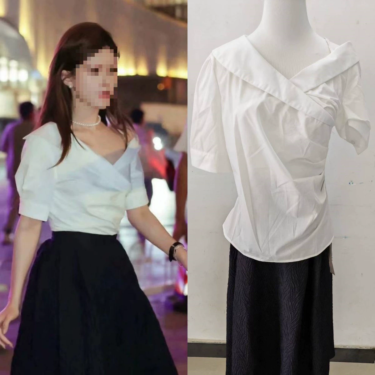 Долгосрочный запас: Новинка 2025 года – женский комплект в стиле Сю Мэйян и Чжао Луси: асимметричная блузка с воротником и пышная юбка