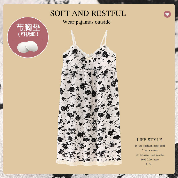 Camisón de verano con el cojín del pecho Correa chica burbuja algodón borla pijamas puro deseo viento sin mangas Delgado lindo homewear