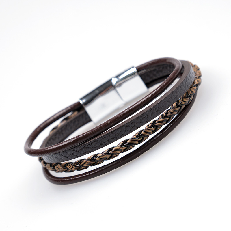 Holiday Occasion 304 Stainless Steel, Pu Leather Material Retro Punk Solid Color 304 Stainless Steel Pu Leather Men's Bangle Men Cord & Leather Bracelets