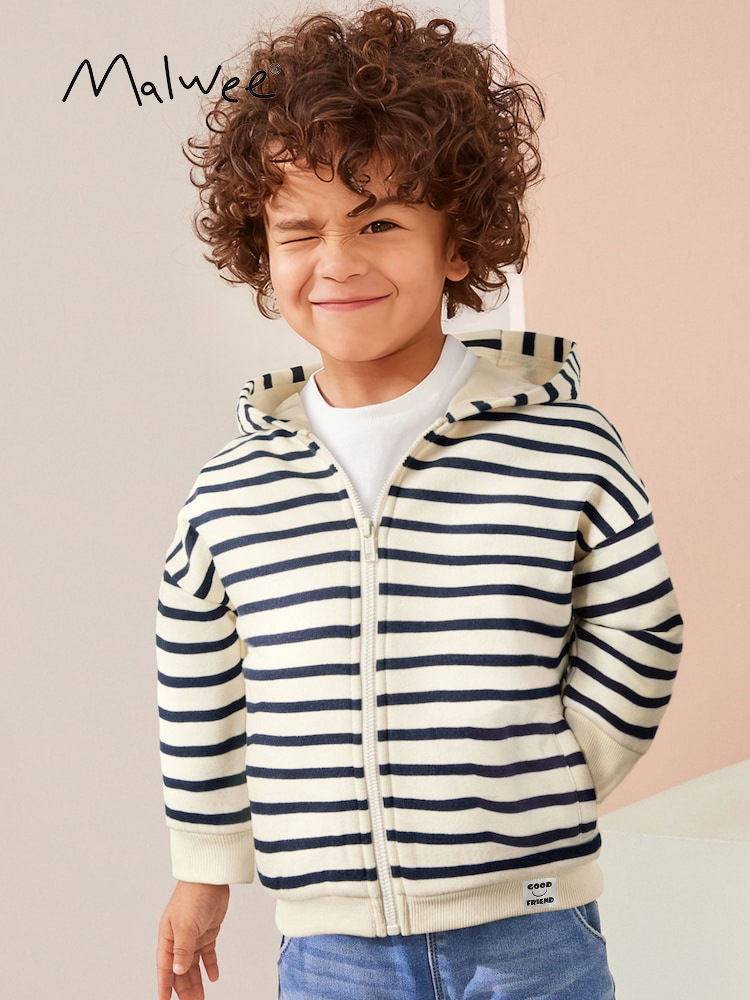 Malwee transfronterizo chaqueta a rayas para niños otoño y invierno nuevo estilo de manga larga para niños europeos y estadounidenses con cremallera con chaqueta encapuchada