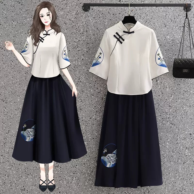 中式国风复古改良汉服清新禅茶服立领旗袍青花瓷刺绣荷花裙套装夏