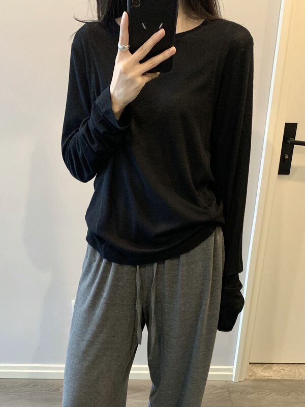天丝针织衫圆领长袖女薄款宽松显瘦针织打底衫长袖休闲G1458|undefined